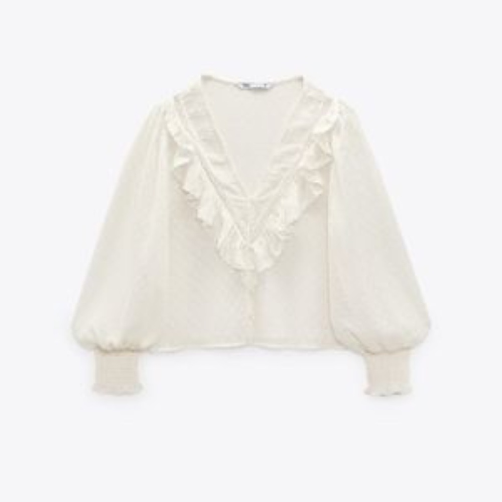 Zara Swiss dot sheer ruffle blouse